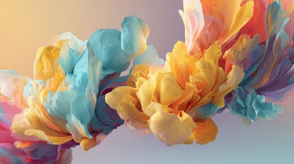 Vibrant abstract floral composition with swirling colors of blue, orange, and pink against a soft gradient background