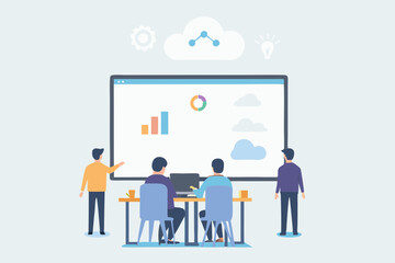 Team Collaboration Analyzing Data on a Large Screen Display in a Modern Office