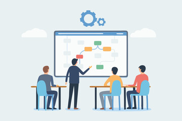 Business meeting with team discussing strategy on screen with flow chart diagram