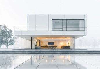 A wireframe representation highlights a minimalist building with glass walls, showcasing its sleek design amid peaceful surroundings