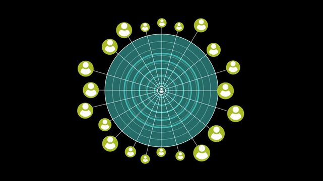 Abstract network of connections with icons over geometric shape ob black background. science, biometric data, connections and technology.