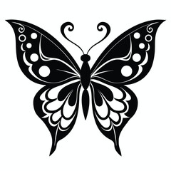 Symmetrical butterfly displays intricate black patterns and bold white accents on transparent background