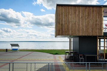 Cafe building at the beach of lake.