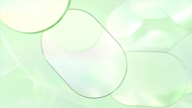 Pastel green rounded oblong shapes gently rotating against soft, iridescent background, creating elegant, soothing visual flow with minimalist design aesthetic