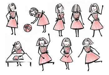 A set of doodles, a student, a young girl in a red dress, stands, shows, talks, jumps, runs. Child, student, study at school, doodle illustration by liner. Graphic illustration with a cute girl