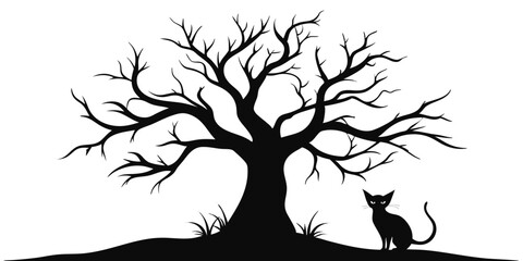 A black cat is sitting near the bare tree silhouette in a simple scene