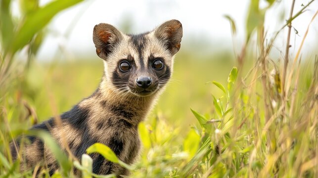 African civet cub in tall grass.