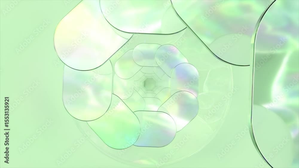 Poster abstract animation shows an unfolding spiral composed of iridescent oval shapes on a light green bac
