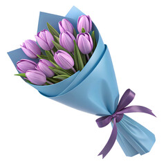 Blue wrapping bouquet of purple tulips on Transparent Background