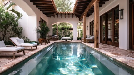 A stunning poolside area features a refreshing swimming pool bathed in natural light, surrounded by lush greenery, creating a perfect oasis for relaxation and leisure.