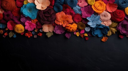 An elegant and colorful arrangement of fabric flowers showcasing a diverse palette against a dark backdrop, creating an artistic and inviting atmosphere that attracts attention.