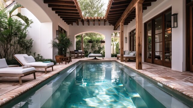 A stunning poolside area features a refreshing swimming pool bathed in natural light, surrounded by lush greenery, creating a perfect oasis for relaxation and leisure.