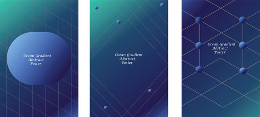 Collection Of Ocean Gradient Abstract Poster with Isometric Grid – Futuristic Tech Background Design.