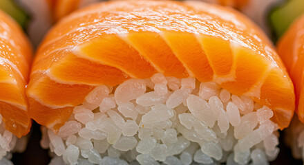 Macro photo of sushi roll with salmon and avocado. Colorful and detailed.

