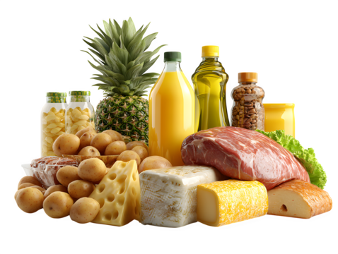 Assortment of various grocery items (pineapple, potatoes, meat, cheese, cleaning supplies, juice), isolated on a clean white background,