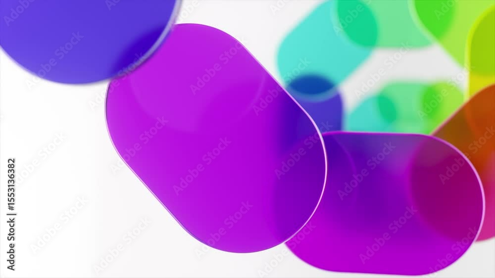 Poster vibrant rounded rectangle shapes rotating slowly against pristine white background, generating dynam