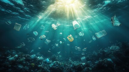 Underwater scene showing sunlight piercing through water revealing floating plastic waste and pollution covering the ocean floor, highlighting environmental degradation