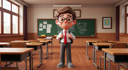 A full shot of a cartoon character of a Caucasian boy