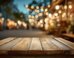 Rustic wooden table with blurred lights background for product placement and display