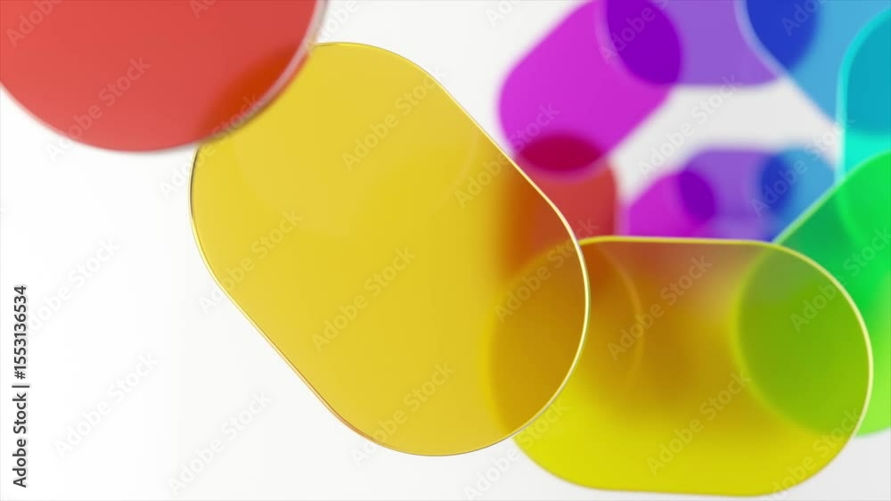 Poster yellow oval shape rotates in the center, surrounded by colorful rounded shapes of varying translucen