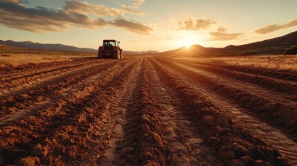 Obraz premium A stunning view of a plowed field at sunset, showcasing a tractor silhouetted against the vibrant orange and yellow hues of the sky, evoking a sense of peace and agriculture.