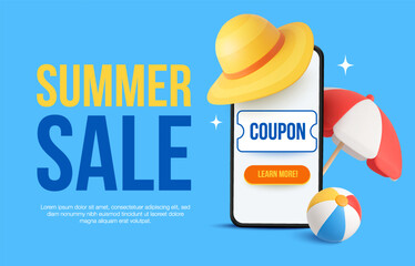 3d travel banner template with mobile phone, beach hat, umbrella and pool ball, isolated on background. Summer sale banner template in 3d vector. Vector illustration