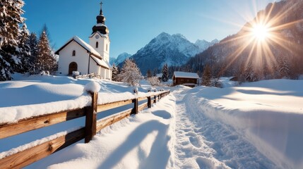 Fototapeta premium This tranquil winter scene features a charming church nestled among snow-covered mountains, with a sunlit path leading through the idyllic landscape, evoking peacefulness and serenity.