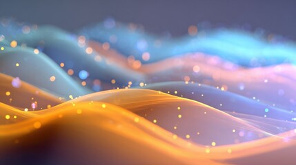 Colorful abstract waves of light with shimmering particles, creating a serene digital landscape