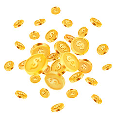 3d unlimited flying golden coins with dollar sign, isolated on white background. Coin background in 3d vector. Vector illustration