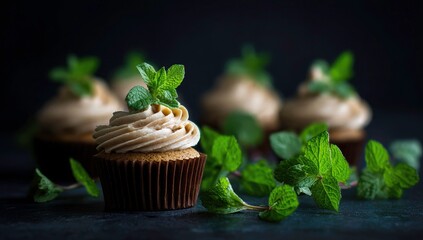 Elegant Cupcakes with Cream Frosting and Fresh Mint Leaves on a Dark Surface