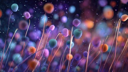 Abstract colorful spheres with delicate tendrils floating in a vibrant cosmic background
