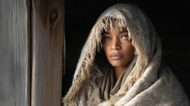A caring woman offering shelter with a blanket and barn