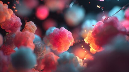 Colorful abstract representation of molecular structures with glowing particles in a dark background