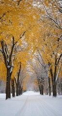 Golden Autumn Leaves and Fresh Snow Cover a Tree Lined Road