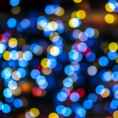 Beautiful bokeh of city lights at night with blue gold and red circles
