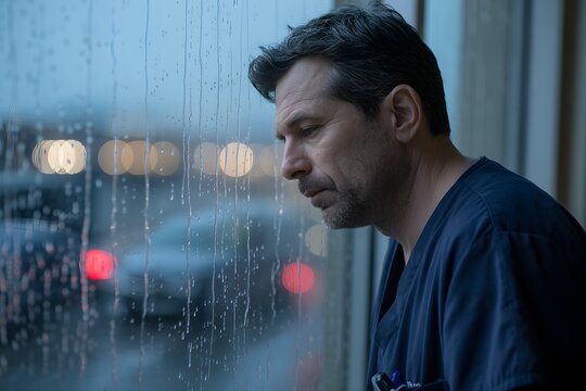 Doctor looking out a rainy window with blurred city lights in the background