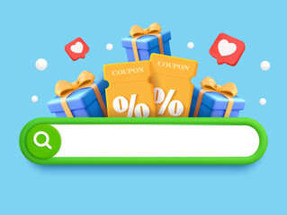 3d coupon and gift search banner template with search bar, gift boxes, coupons and heart textbox icons, isolated on background. Discount search concept in 3d vector. Vector illustration