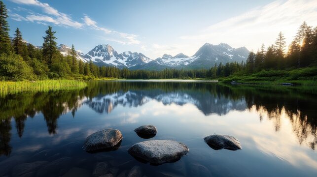 A picturesque landscape showcasing majestic mountains perfectly reflected in a calm lake, surrounded by lush greenery, creating a serene outdoor escape. - Powered by Adobe