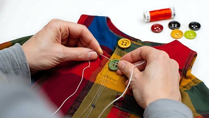 Close up of hands sewing a green button onto a colorful plaid fabric garment with thread and needle