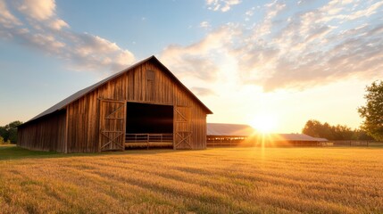 Obraz premium A picturesque barn set against a breathtaking sunset, embodying the essence of rural life and tranquility, with fields of golden grass glowing in the evening light.