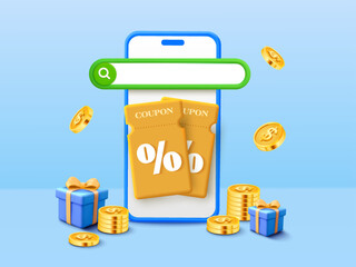 3d gift voucher search banner template with search bar on a phone with coupon, gift boxes and golden coins flying around. Vector illustration