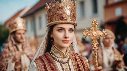 Portrait of Crowned Woman Holding Golden Cross at Saint Mary Magdalene Festival in European Traditional Attire © Dimas
