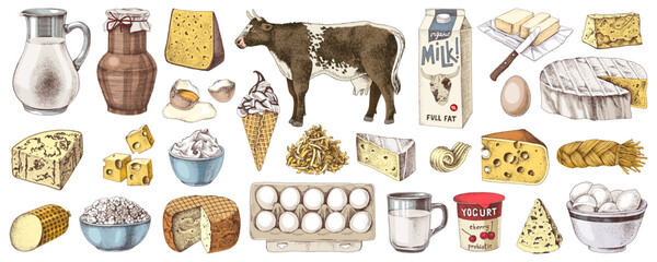 Dairy products hand drawn vector set