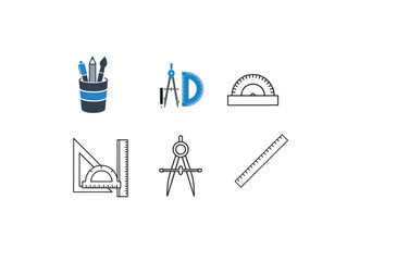 Collection of Geometry and Drafting Tools Icons Pencils, Pens, Ruler