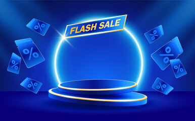 3d Flash sale banner template with unlimited coupons flying around a stage or podium, isolated on background. 3d discount banner in vector illustration. Vector illustration