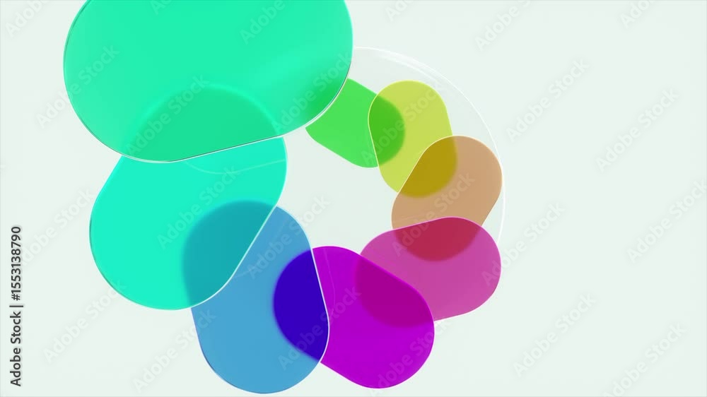 Poster transparent colorful rounded geometric shapes rotating dynamically, generating vibrant abstract moti