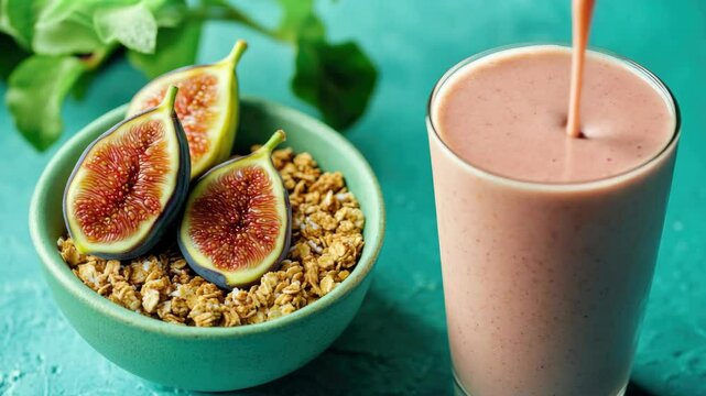 Fresh figs and oats in a granola yogurt parfait with a nutritious fruit smoothie.