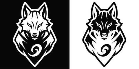 Black and white symmetrical wolf logo in bold tribal with fierce minimalist appearance