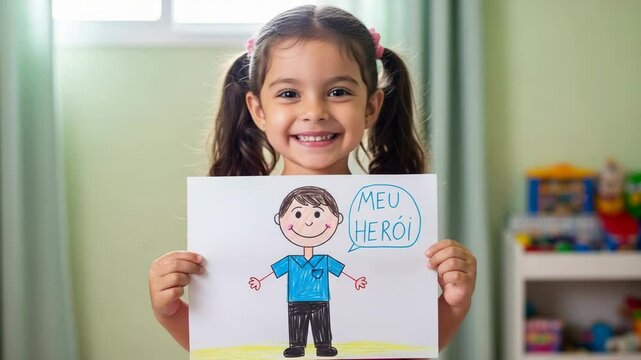 Cute little girl proudly holding a drawing of her father with the words Meu Heroi, meaning My Hero in Portuguese. Father's Day or birthday tribute from a loving daughter.

