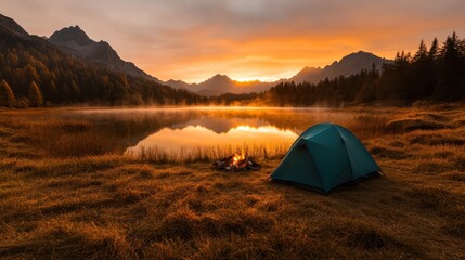 A peaceful campsite with a tent beside a calm lake at sunset, capturing the beauty of nature and outdoor adventures while evoking feelings of serenity and escape.